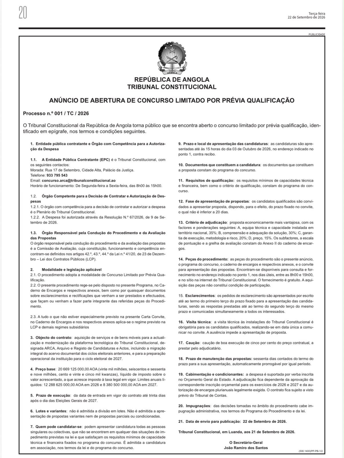 Tribunal Constitucional abre Concurso para Preparação Operacional do Ciclo Eleitoral de 2027