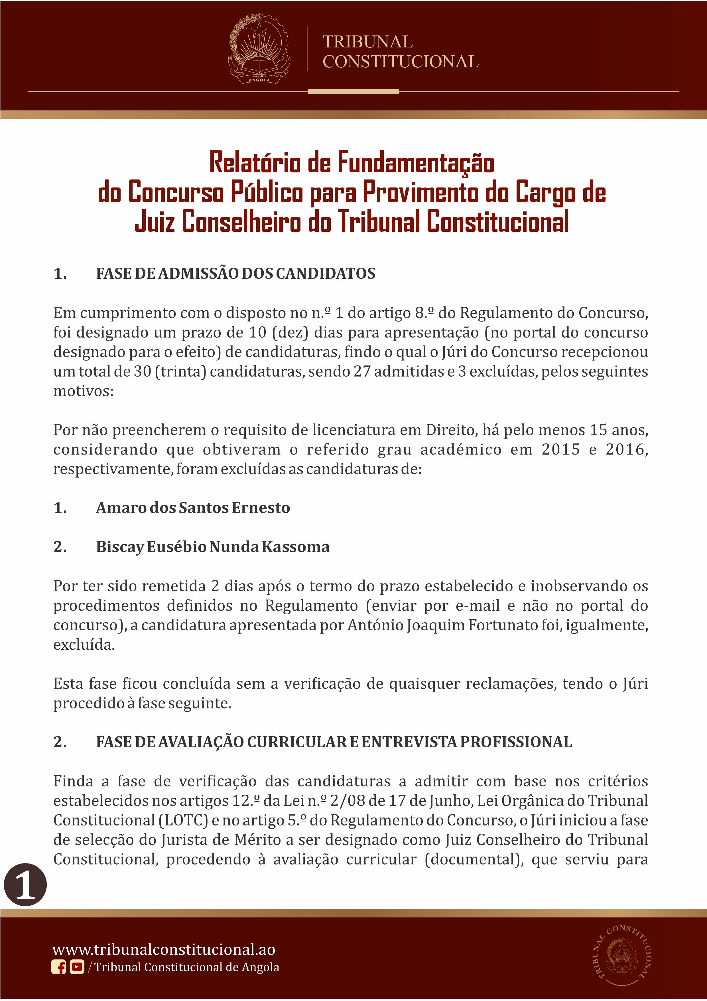 Tribunal Constitucional divulga Resultados de Concurso Público para Provimento de Cargo de Juiz Conselheiro
