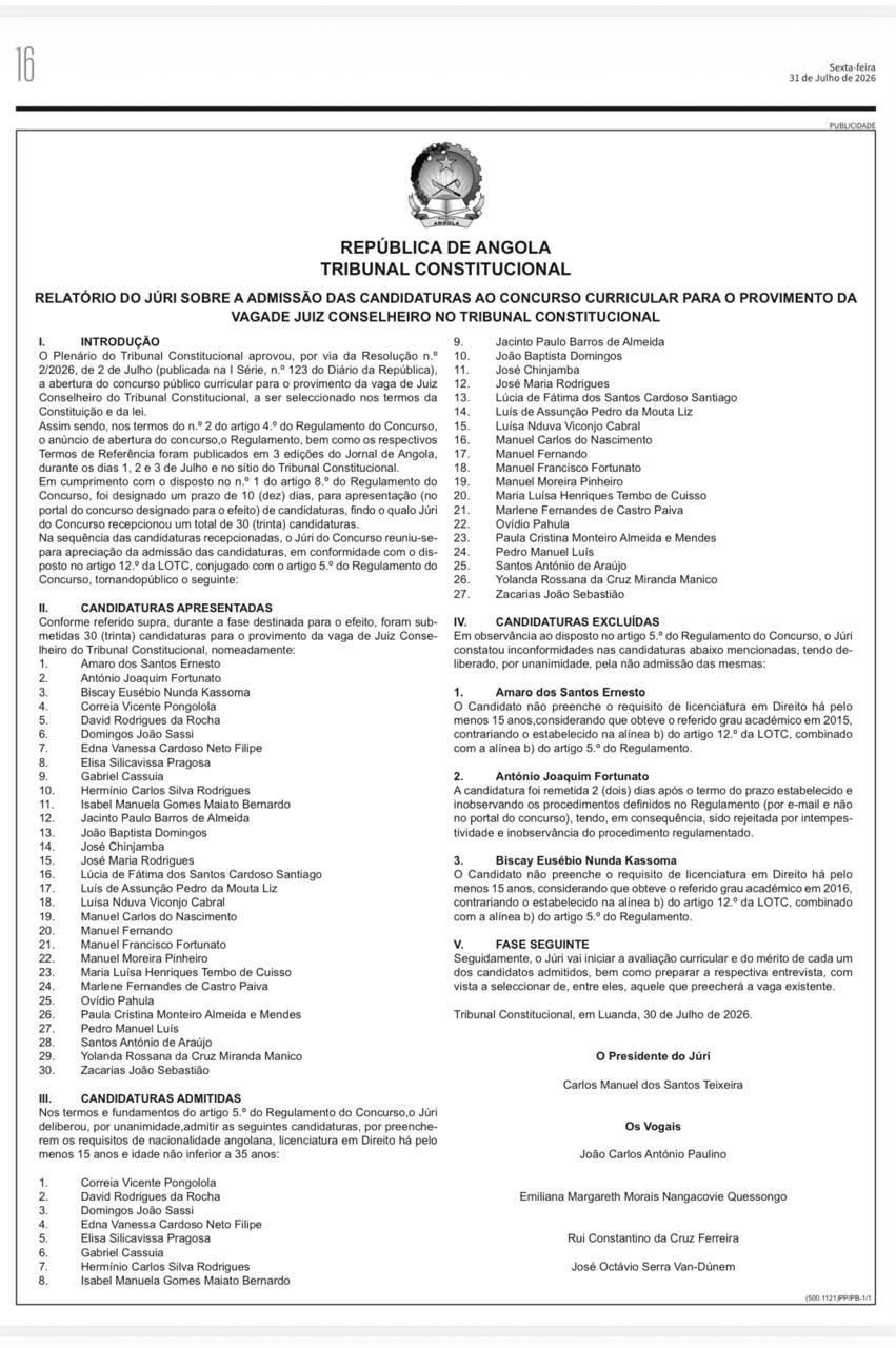Concurso curricular para o provimento da vaga de Juiz Conselheiro do Tribunal Constitucional